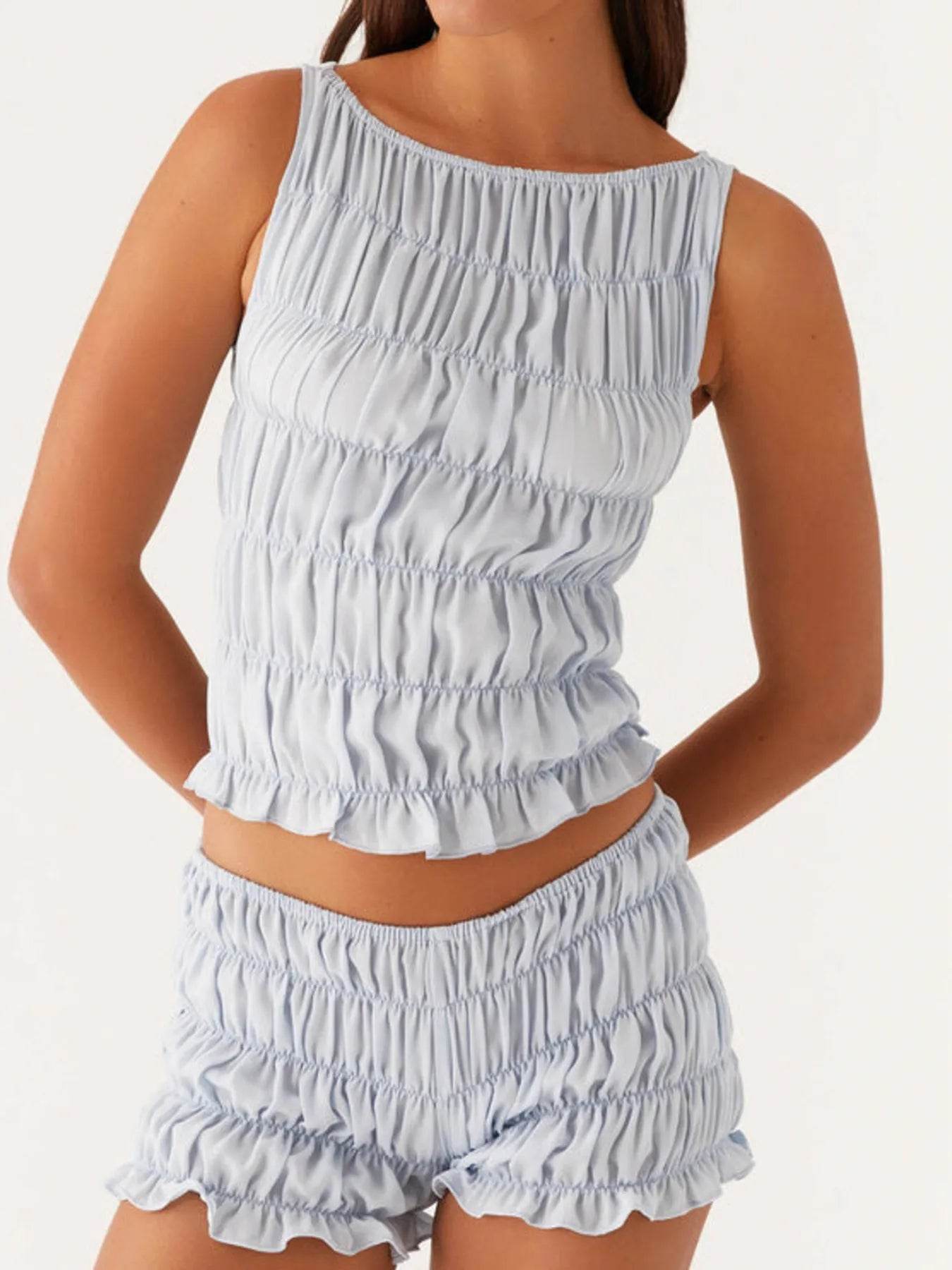 Ruched Texture Tank and Shorts Two-Piece Set - EBYNN