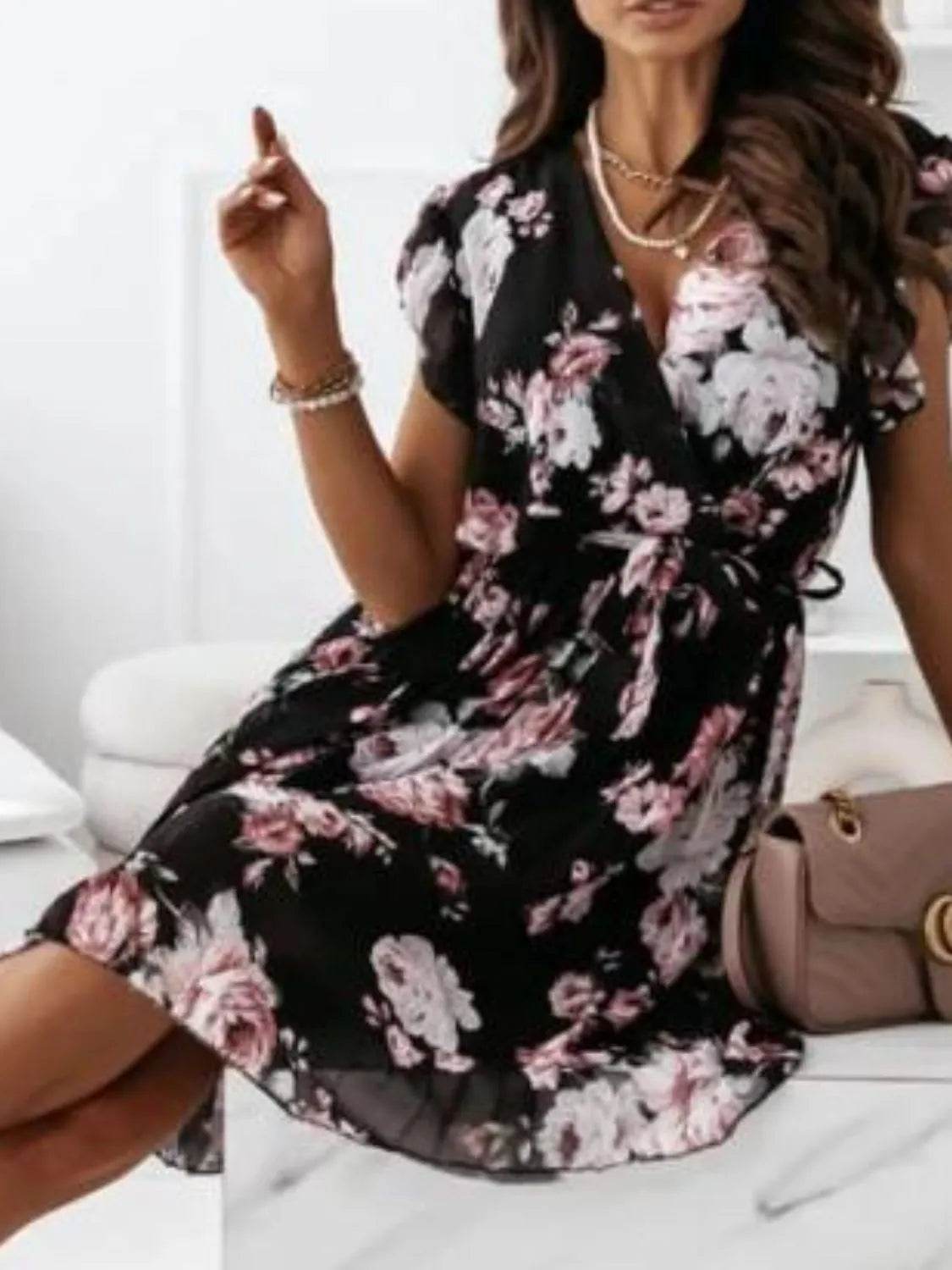 Floral Surplice Ruffled Cap Sleeve Dress.