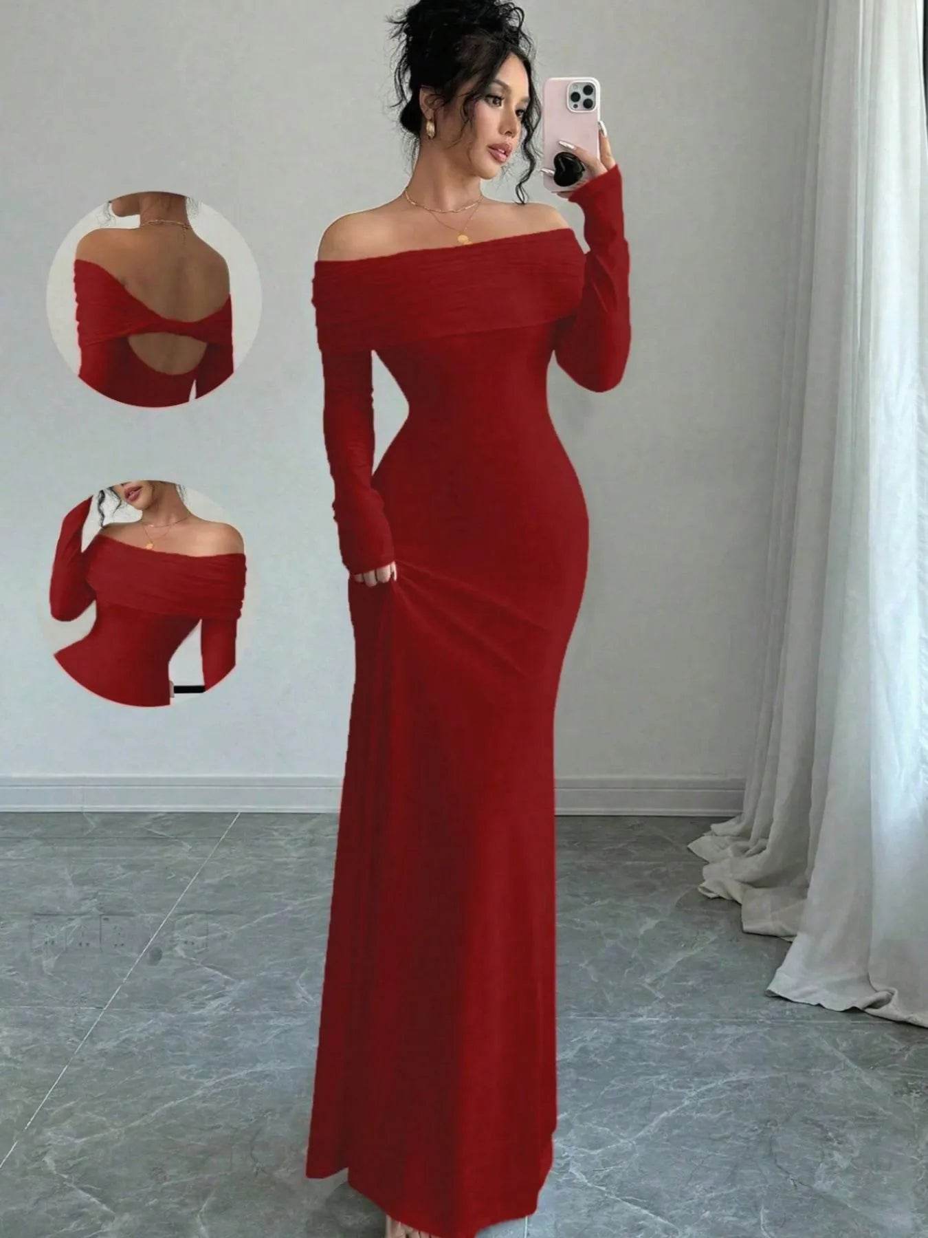 Off-Shoulder Long Sleeve Bodycon Maxi Dress.