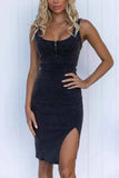 Side Slit Washed Denim Dress with Scoop Neck.