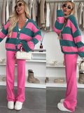 Color Block Striped V-Neck Button Front Cardigan.