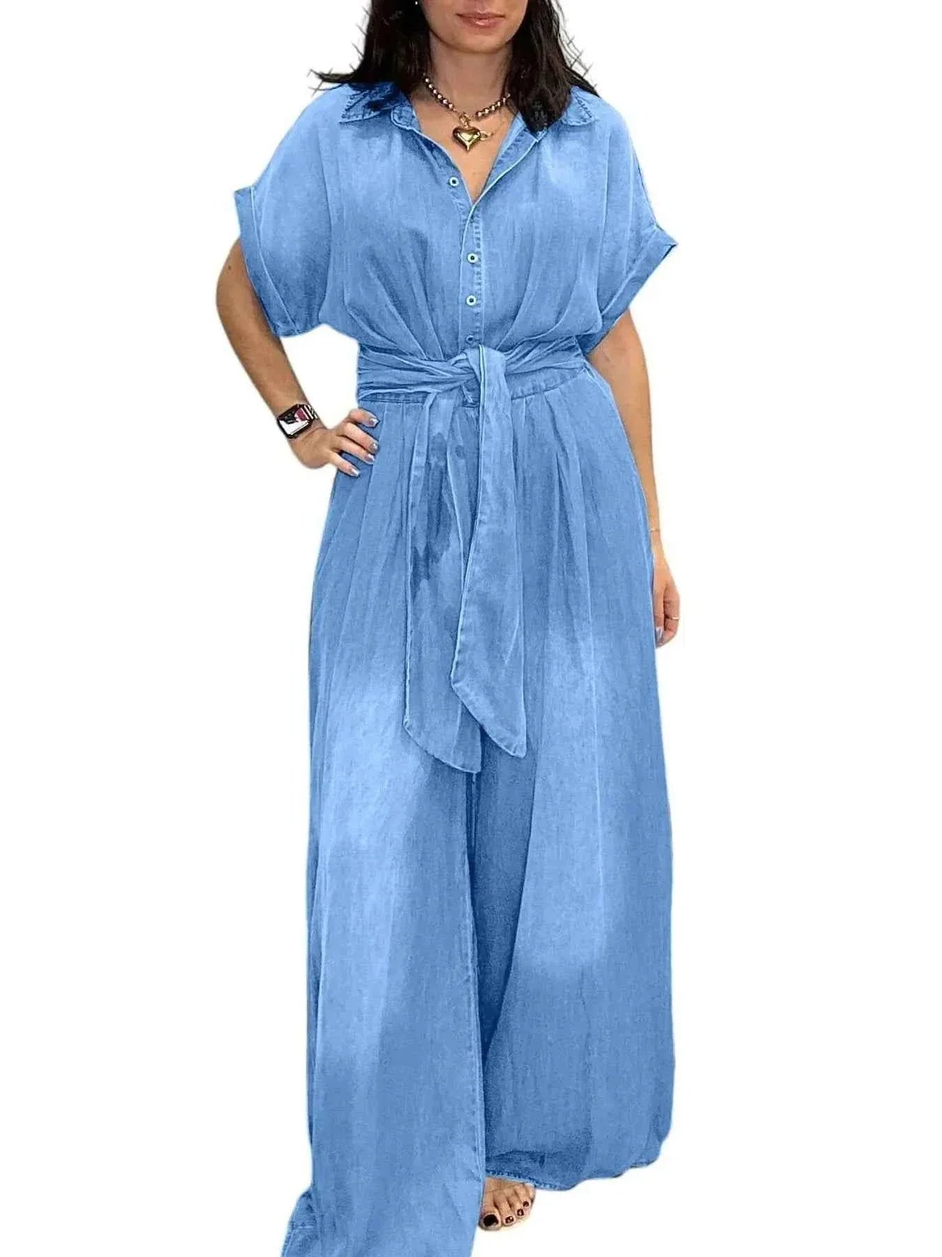 Button Front Wide Leg Denim Jumpsuit.