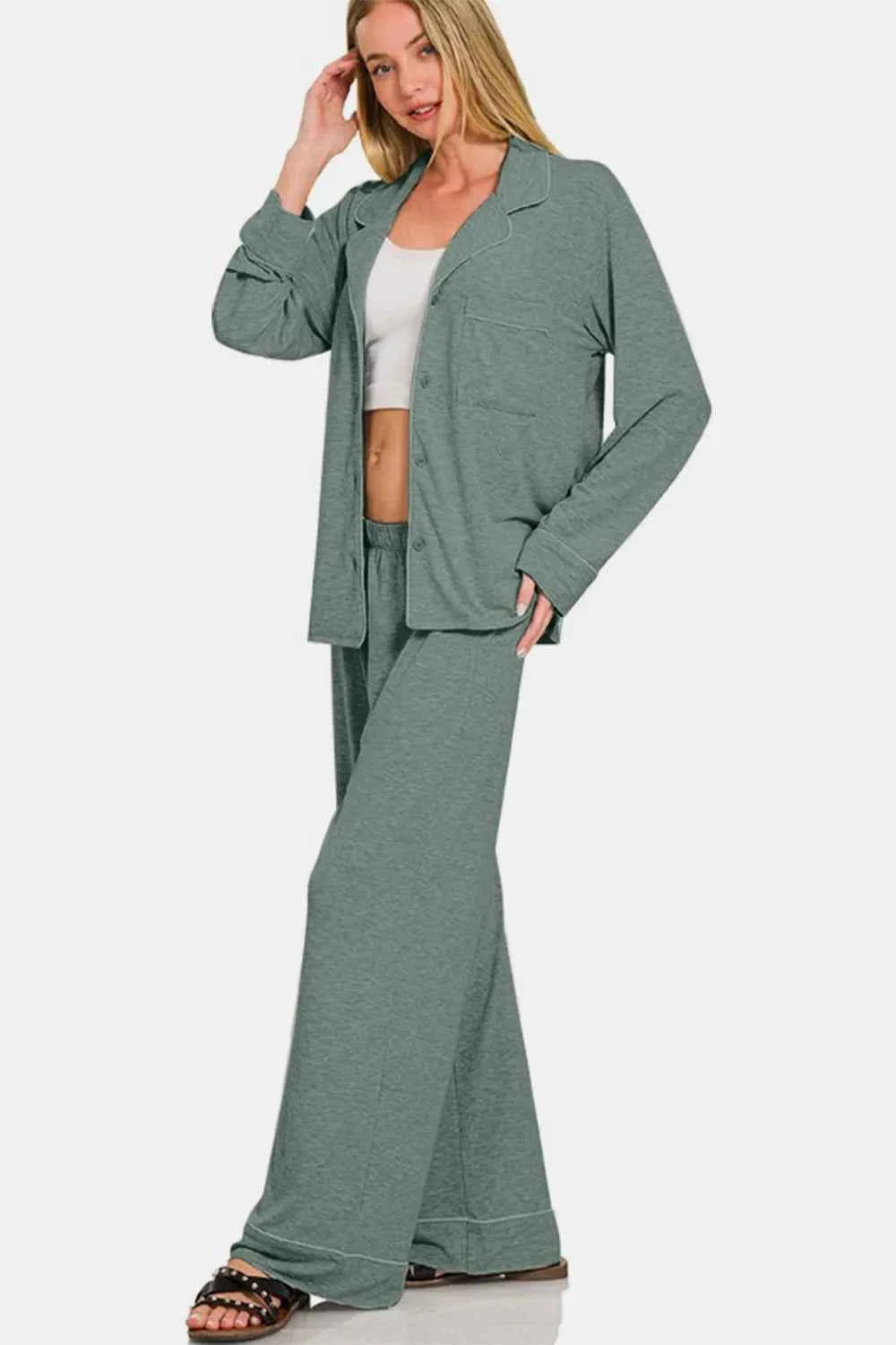 Zenana Cozy Button Down Long Sleeve Top & Pants Set.