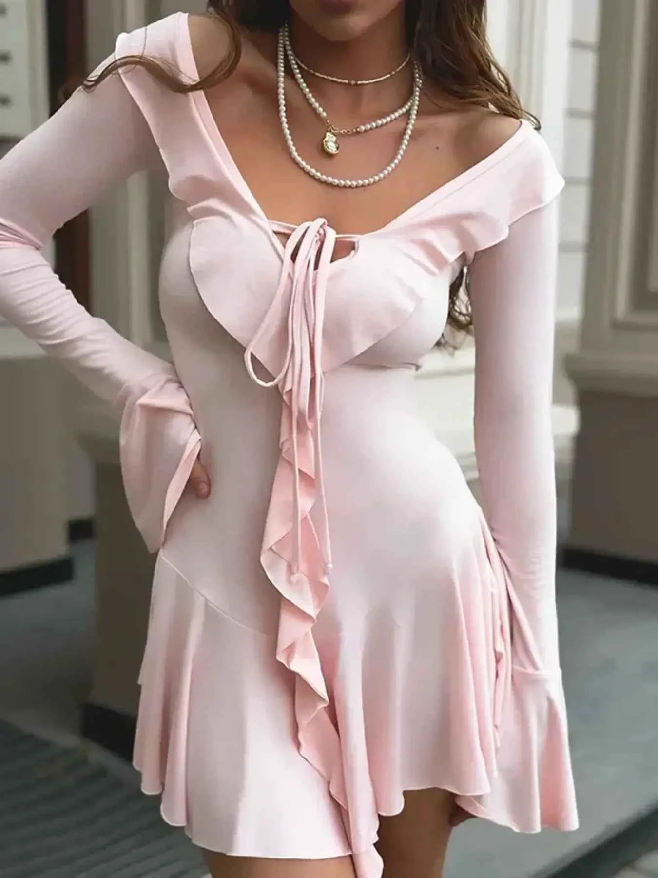 Ruffle V-Neck Flounce Sleeve Mini Dress.