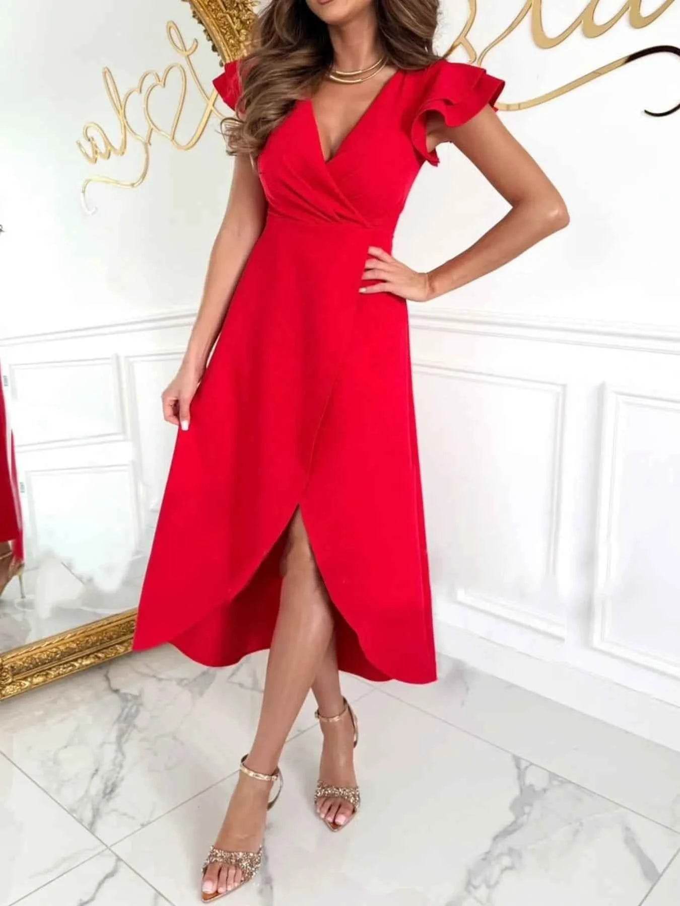 Surplice Ruffled Cap Sleeve Dress.