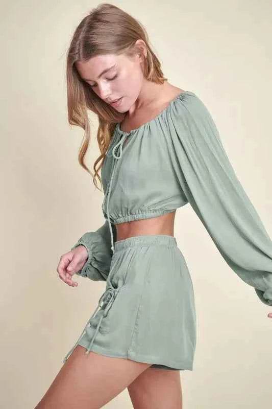 MABLE Gauze Long Sleeve Button Crop Top and Shorts Set - EBYNN