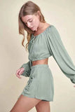 MABLE Gauze Long Sleeve Button Crop Top and Shorts Set - EBYNN