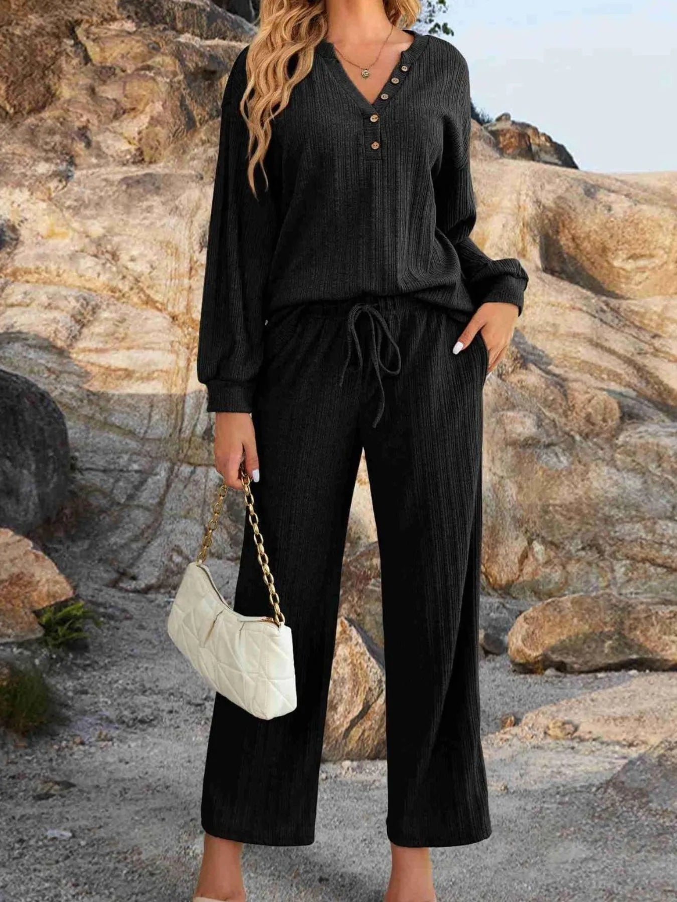 Ribbed Knit Top and Pants Lounge Set with Button Detail.