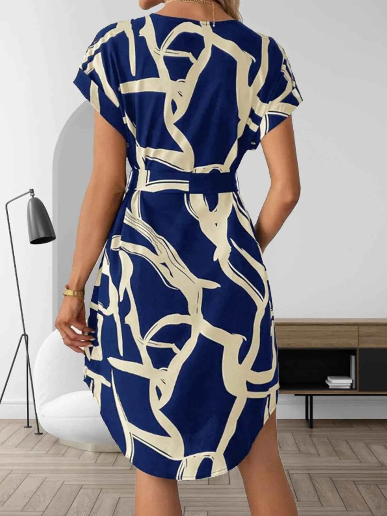 Abstract Print Belted Midi Dress - Short Sleeve.