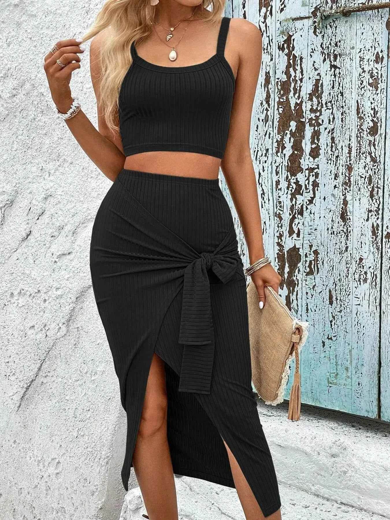 Ribbed Knit Crop Top & Tie-Front Slit Skirt Set - EBYNN