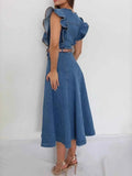 Button-Front Ruffle Sleeve Denim Midi Dress.