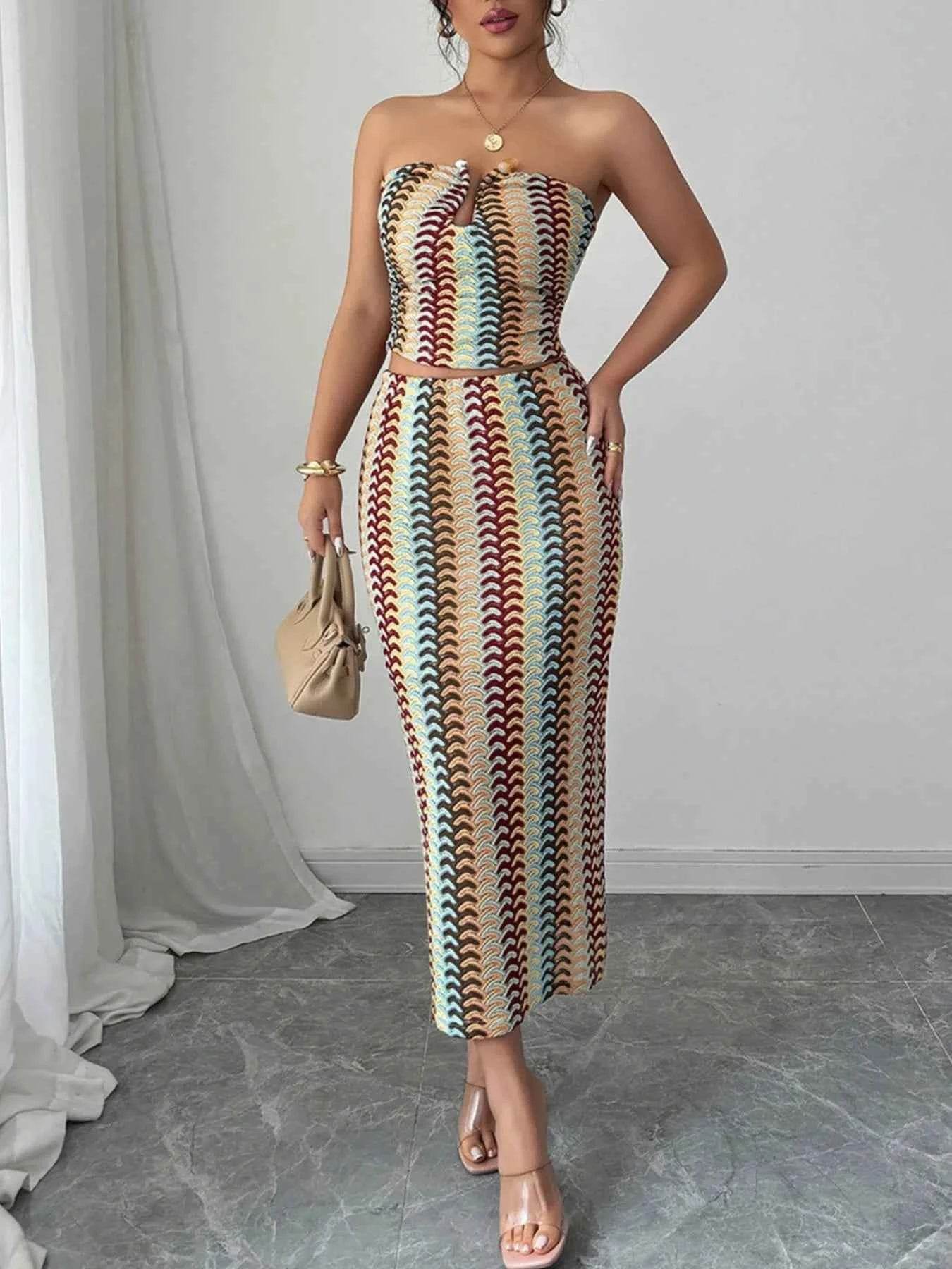 Printed Tube Top Skirt Set with Slit for Effortless Style - EBYNN