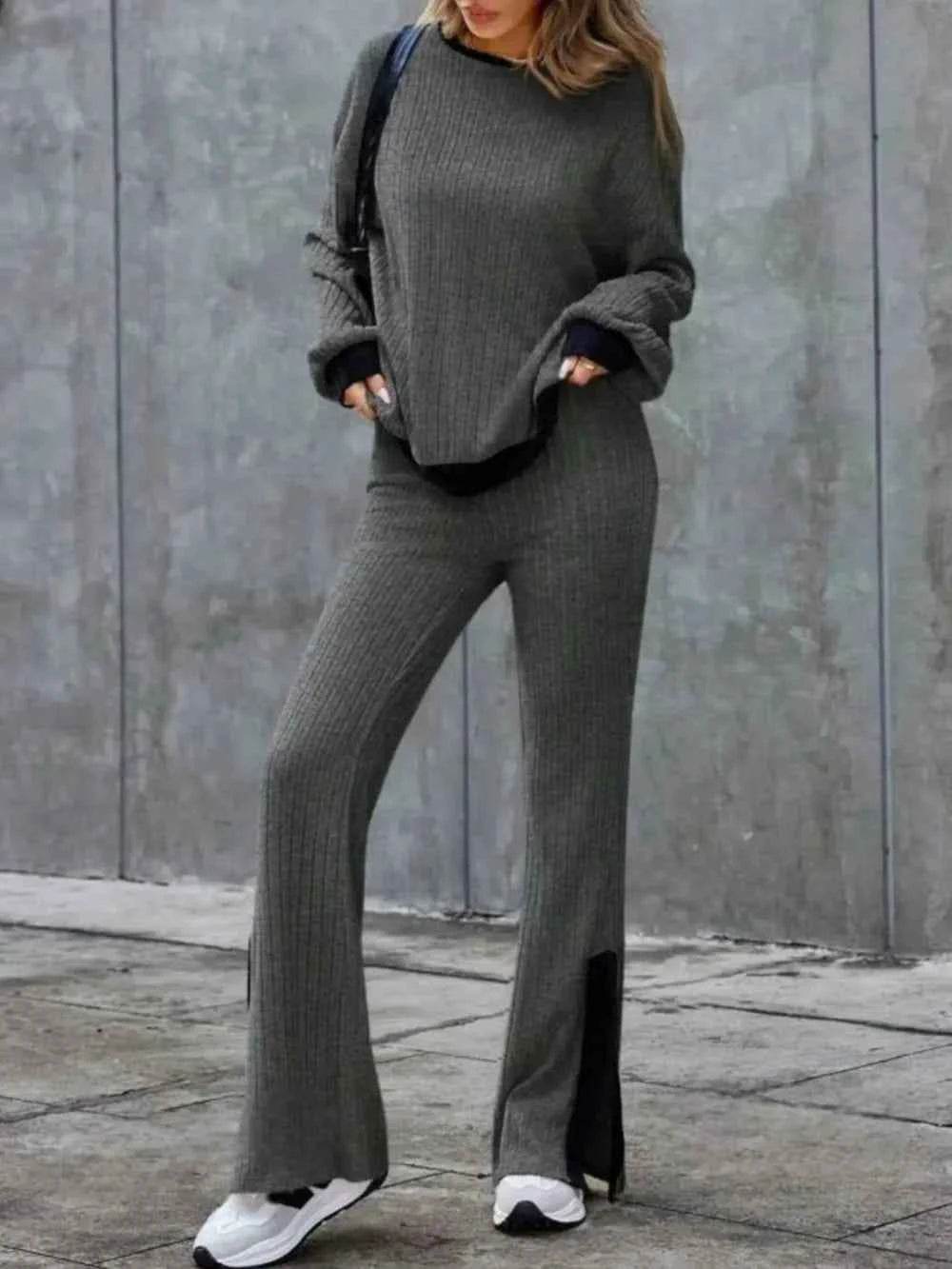 Contrast Round Neck Long Sleeve Top & Bootcut Pants Set.