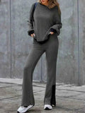 Contrast Round Neck Long Sleeve Top & Bootcut Pants Set.