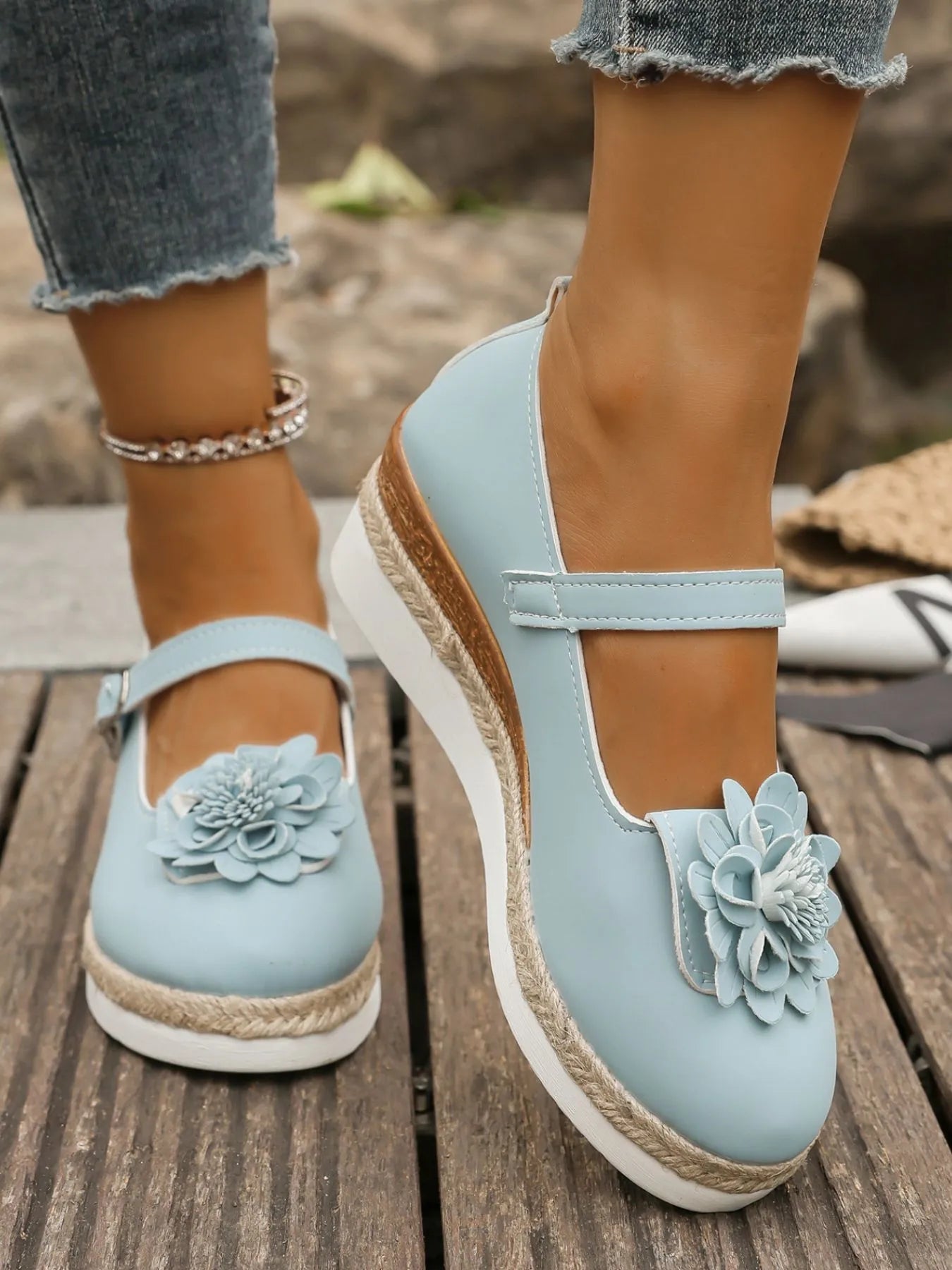 Flower Embellished Mary Jane Loafers.