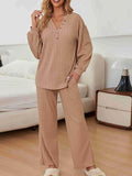 Ribbed Knit Top and Pants Lounge Set with Button Detail.
