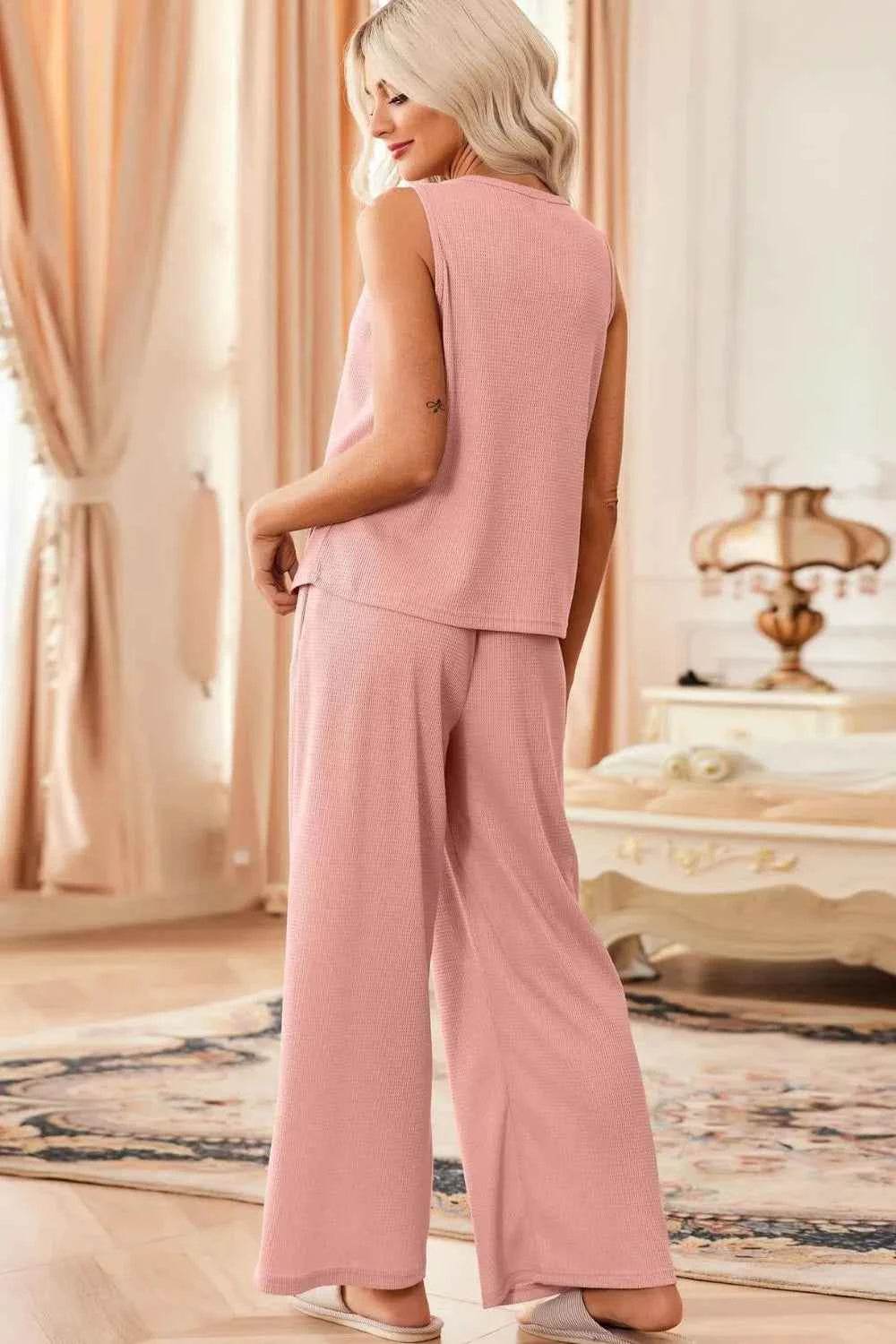 Waffle-Knit Round Neck Tank and Pants Set - EBYNN