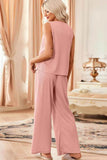 Waffle-Knit Round Neck Tank and Pants Set - EBYNN