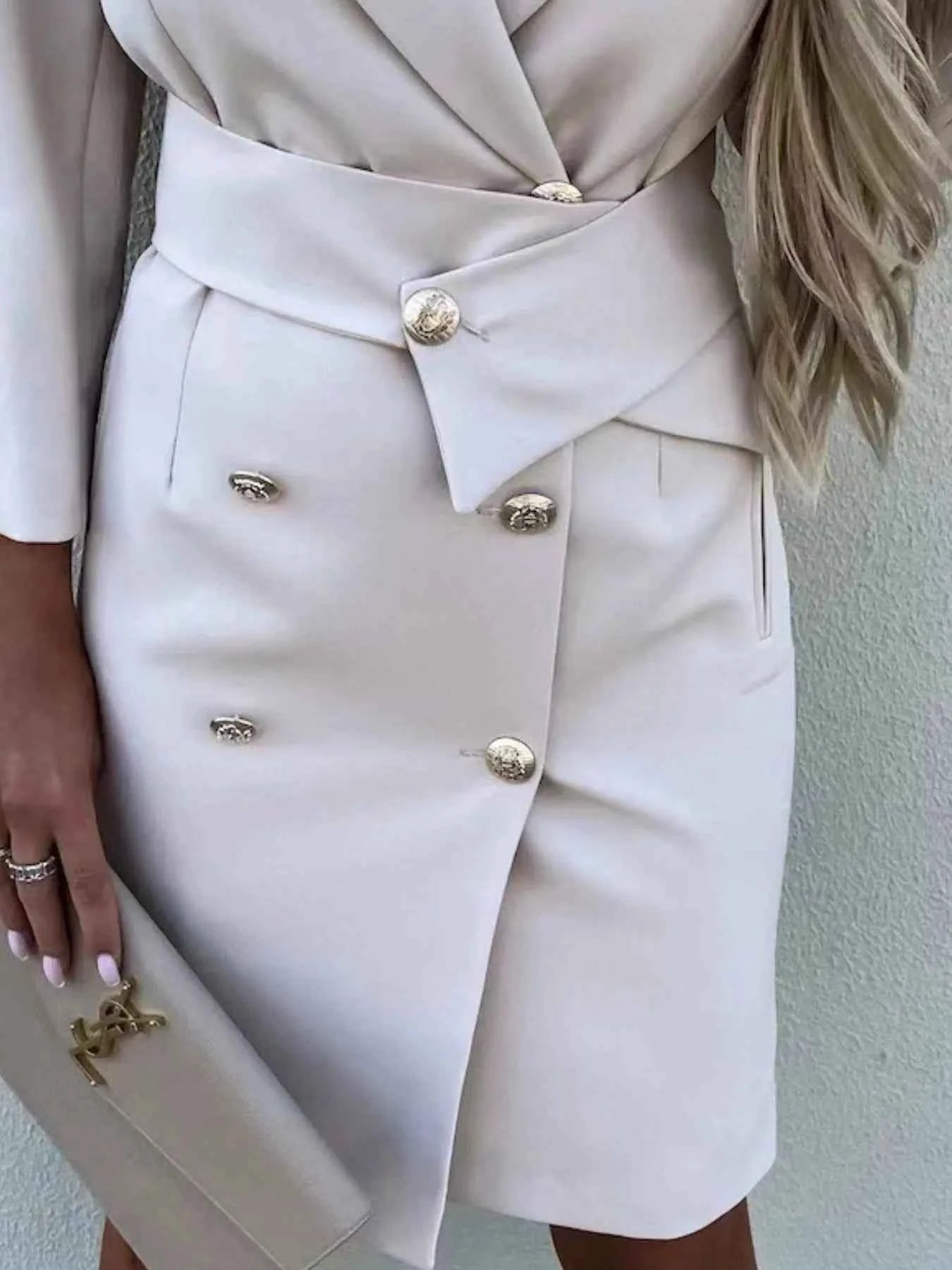 Double-Breasted Longline Blazer with Lapel Collar.