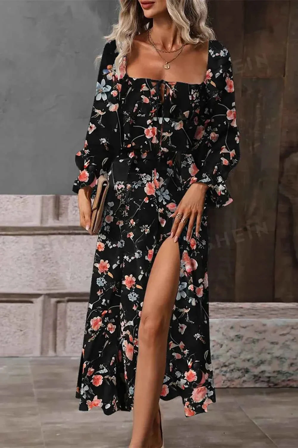 Floral Print Flounce Sleeve Midi Dress.
