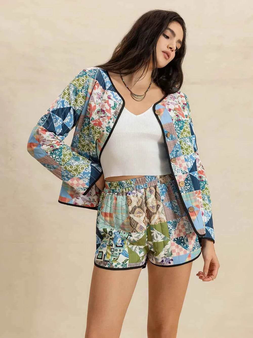Printed Button Up Long Sleeve Outerwear and Shorts Set - EBYNN