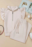 Textured Ruffled Sleeve Zipped Top & Wide Leg Pants Set - EBYNN