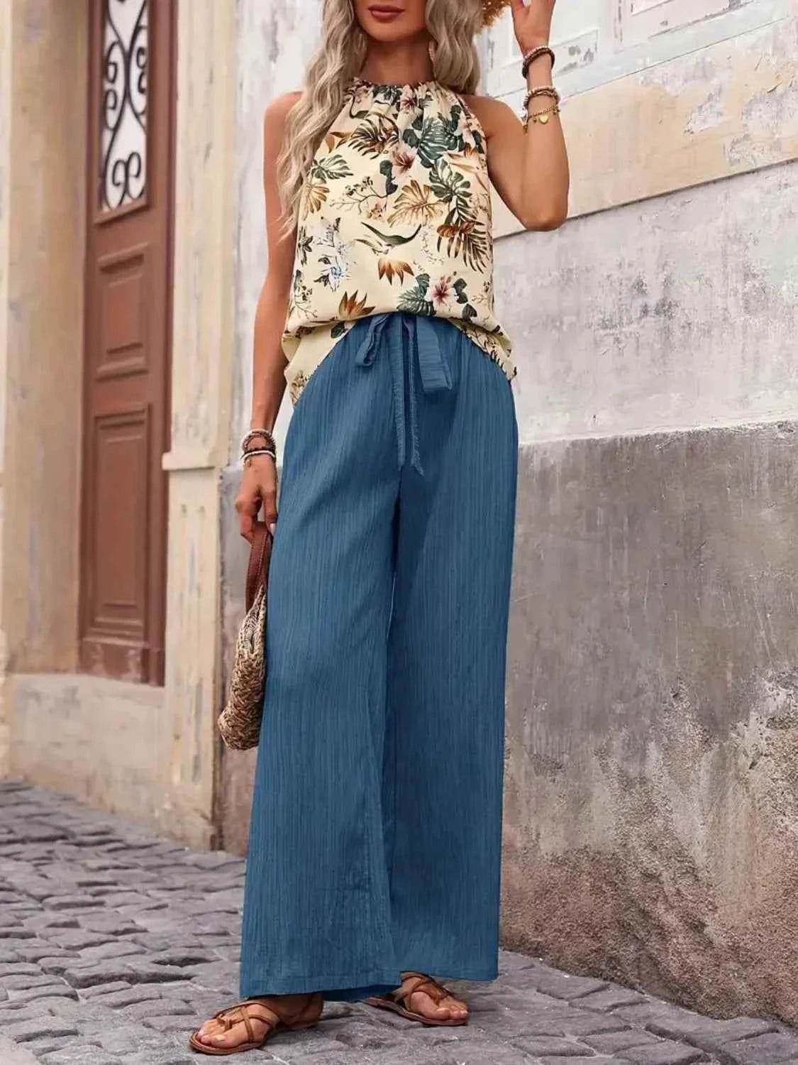 Printed Tank Top and Wide Leg Pants Set for Effortless Style - EBYNN