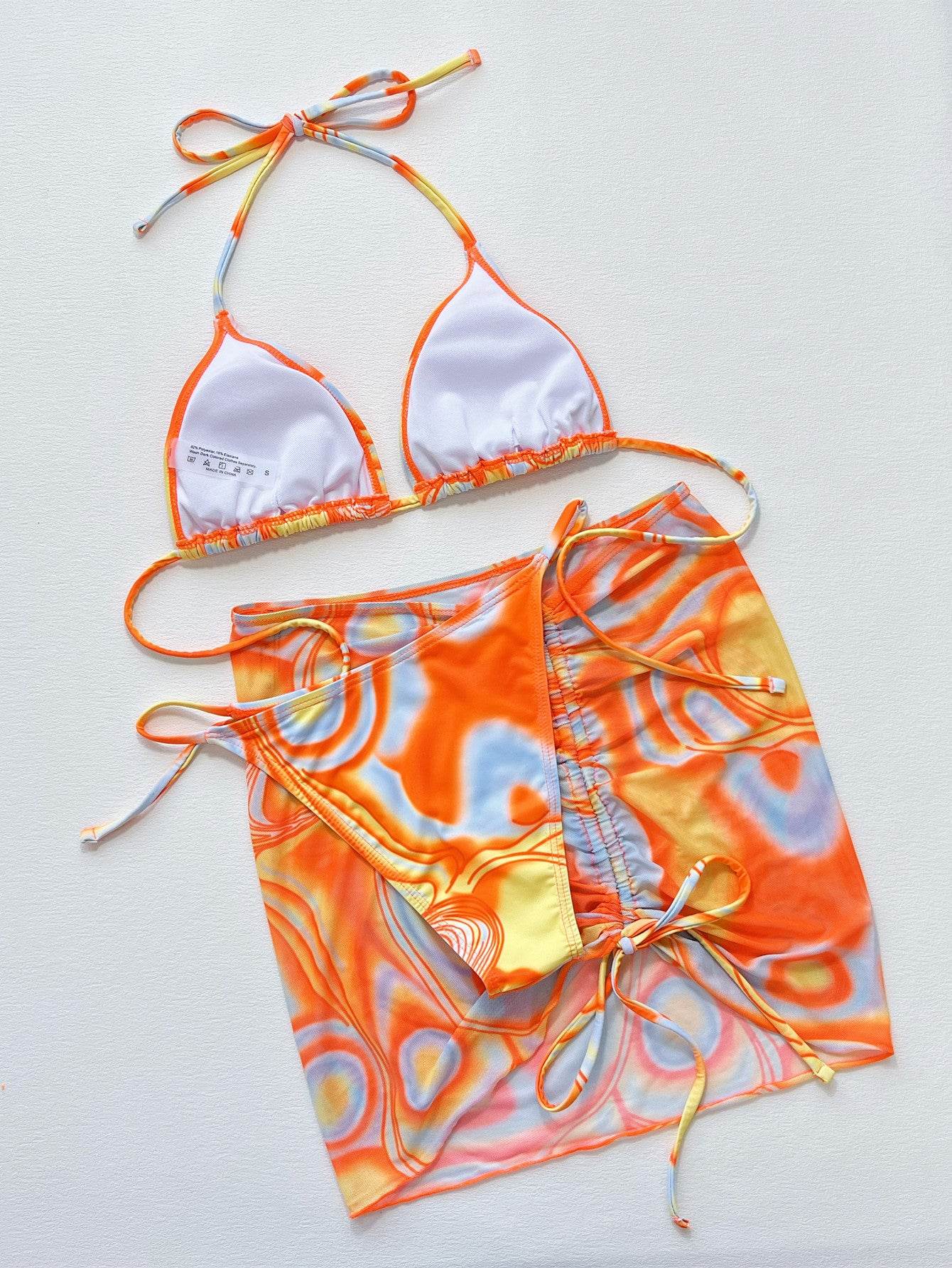 Multicolored Drawstring Ruched Three-Piece Swim Set.