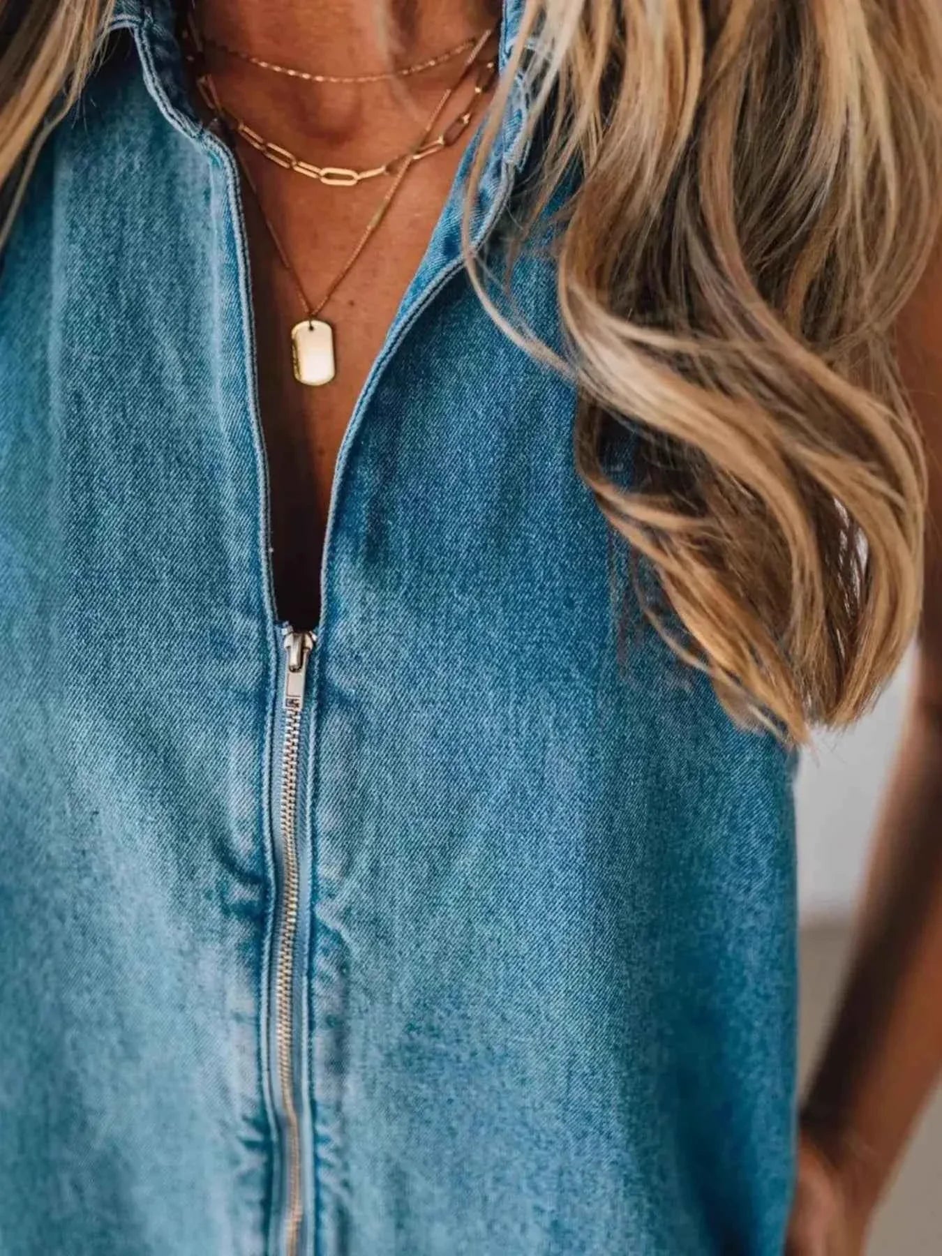 Zip Front Sleeveless Denim Romper.