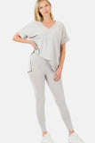 Zenana V-Neck Rolled Sleeve Lounge Set.
