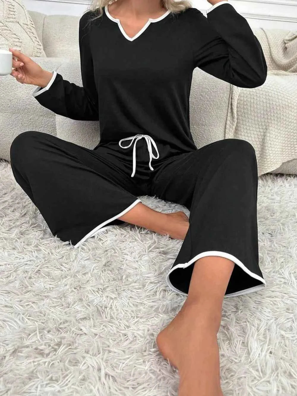 Contrast Trim Notched Long Sleeve Top & Pants Lounge Set.