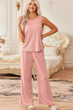 Waffle-Knit Round Neck Tank and Pants Set - EBYNN