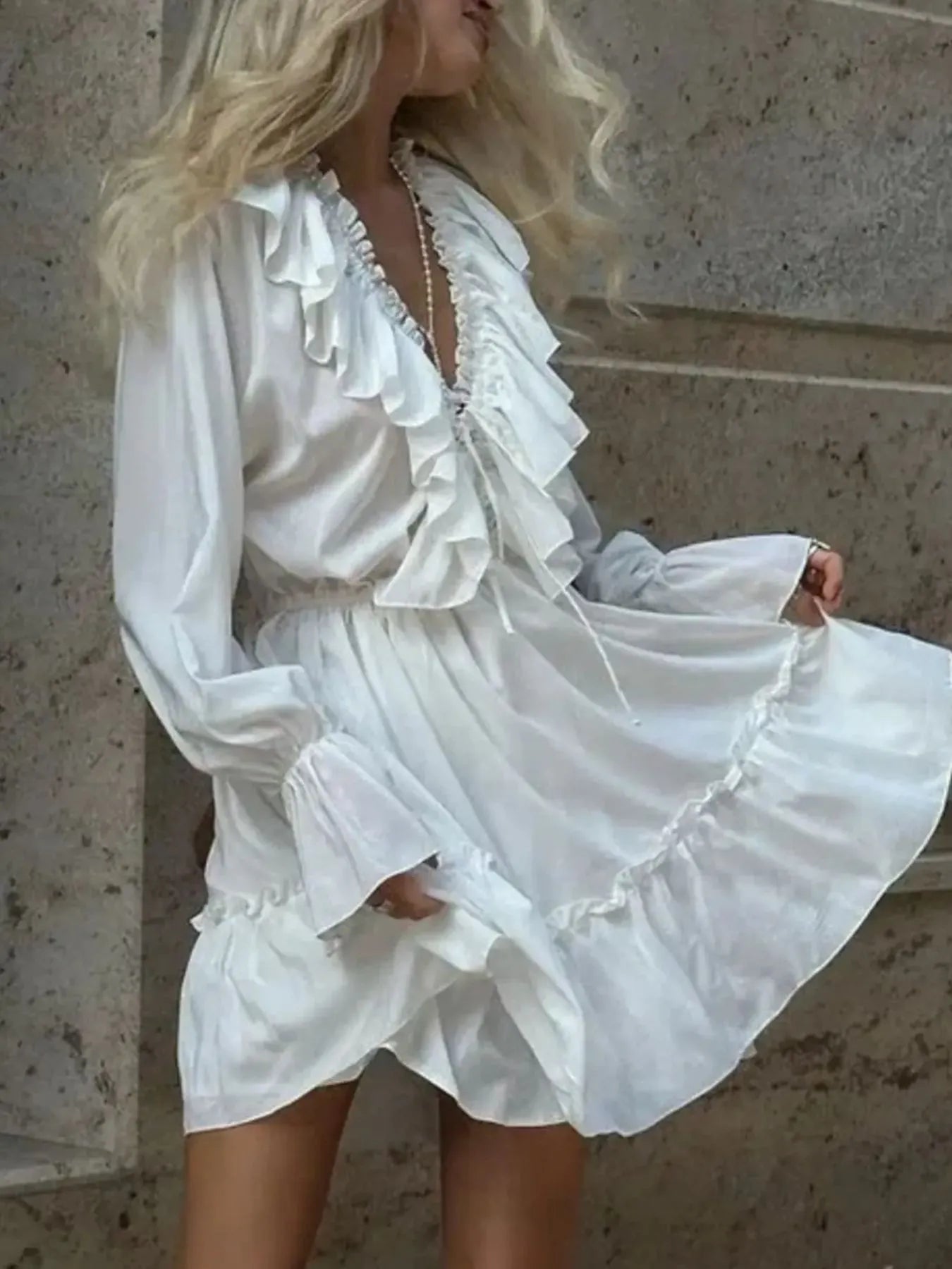 Ruffle Flounce Sleeve Mini Dress.