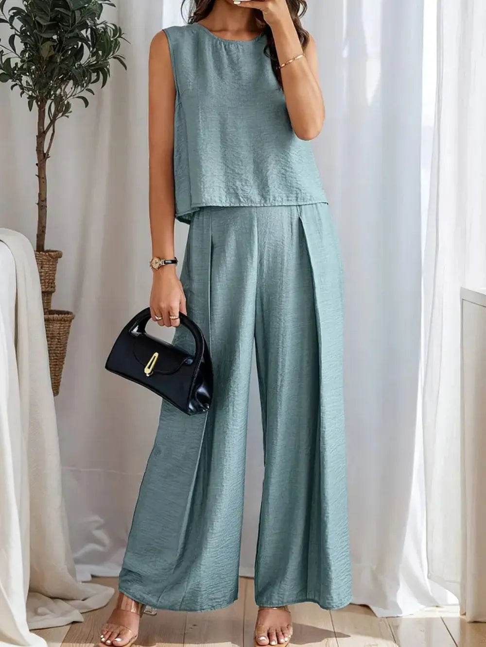 Ruched Round Neck Sleeveless Top and Wide Leg Pants Set - EBYNN