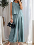 Ruched Round Neck Sleeveless Top and Wide Leg Pants Set - EBYNN