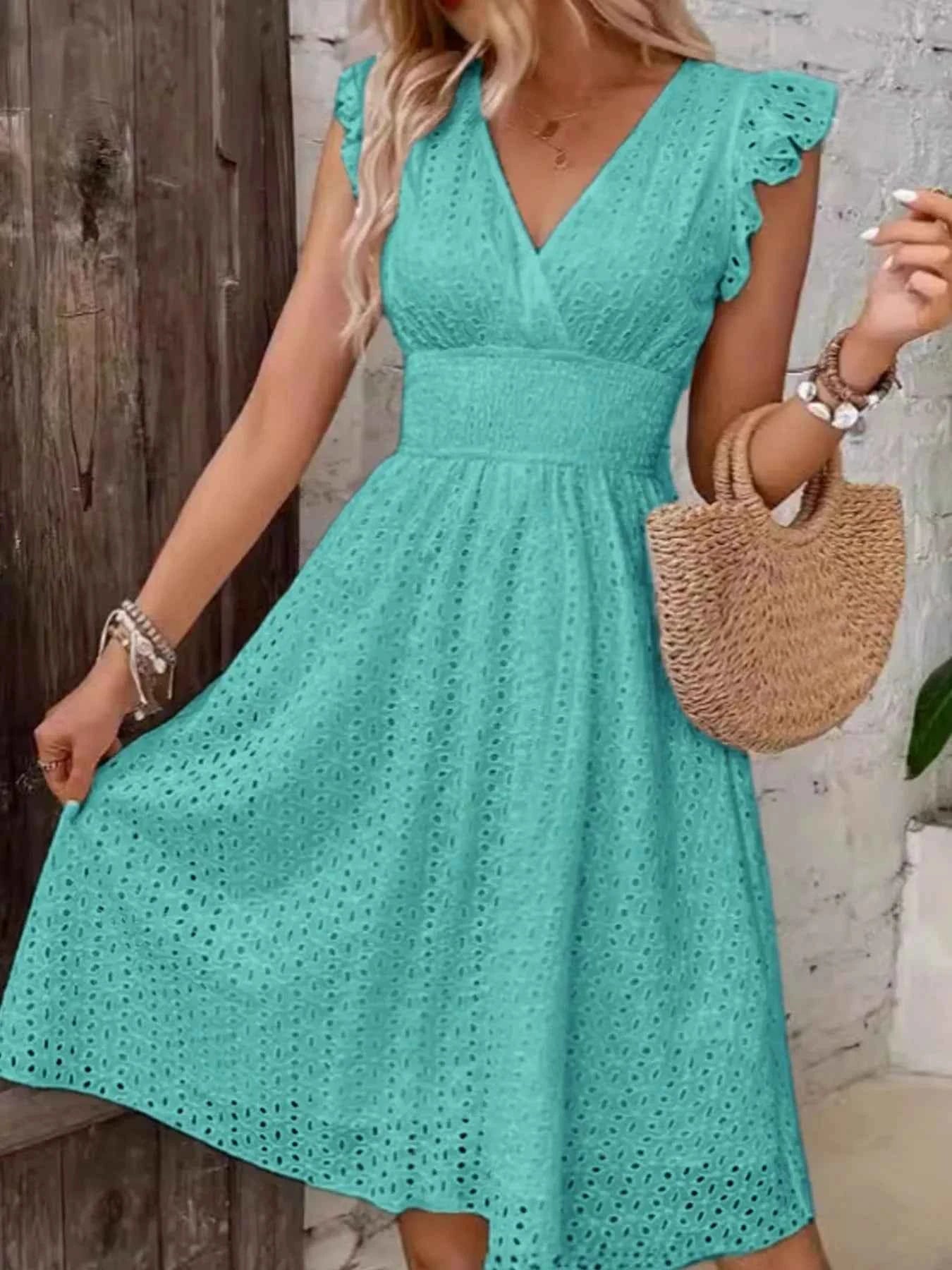 Eyelet Ruffled Cap Sleeve Mini Dress.