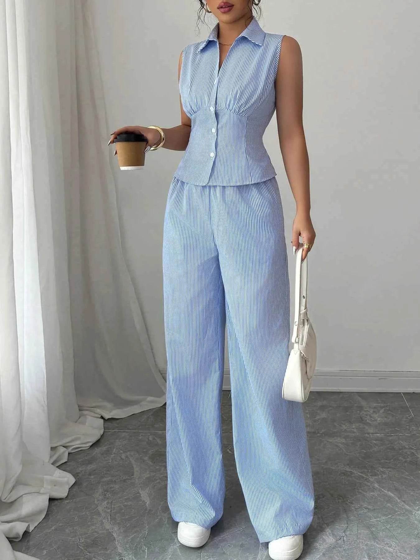 Striped Sleeveless Top and Pants Set - EBYNN