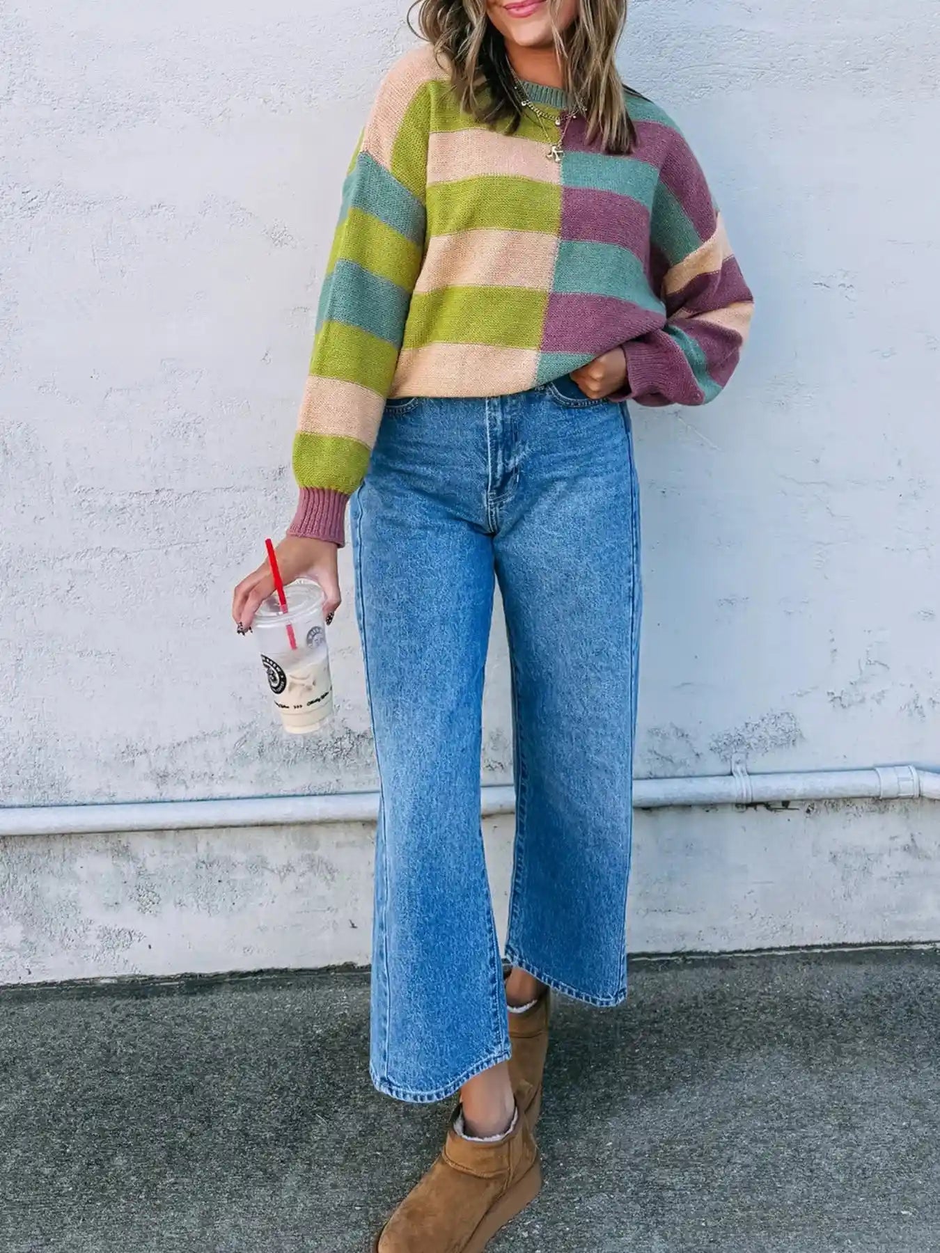 Stripe Drop Shoulder Ribbed Edge Sweater.