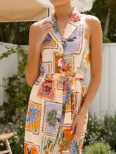 Printed Sleeveless Tie Waist Dress.