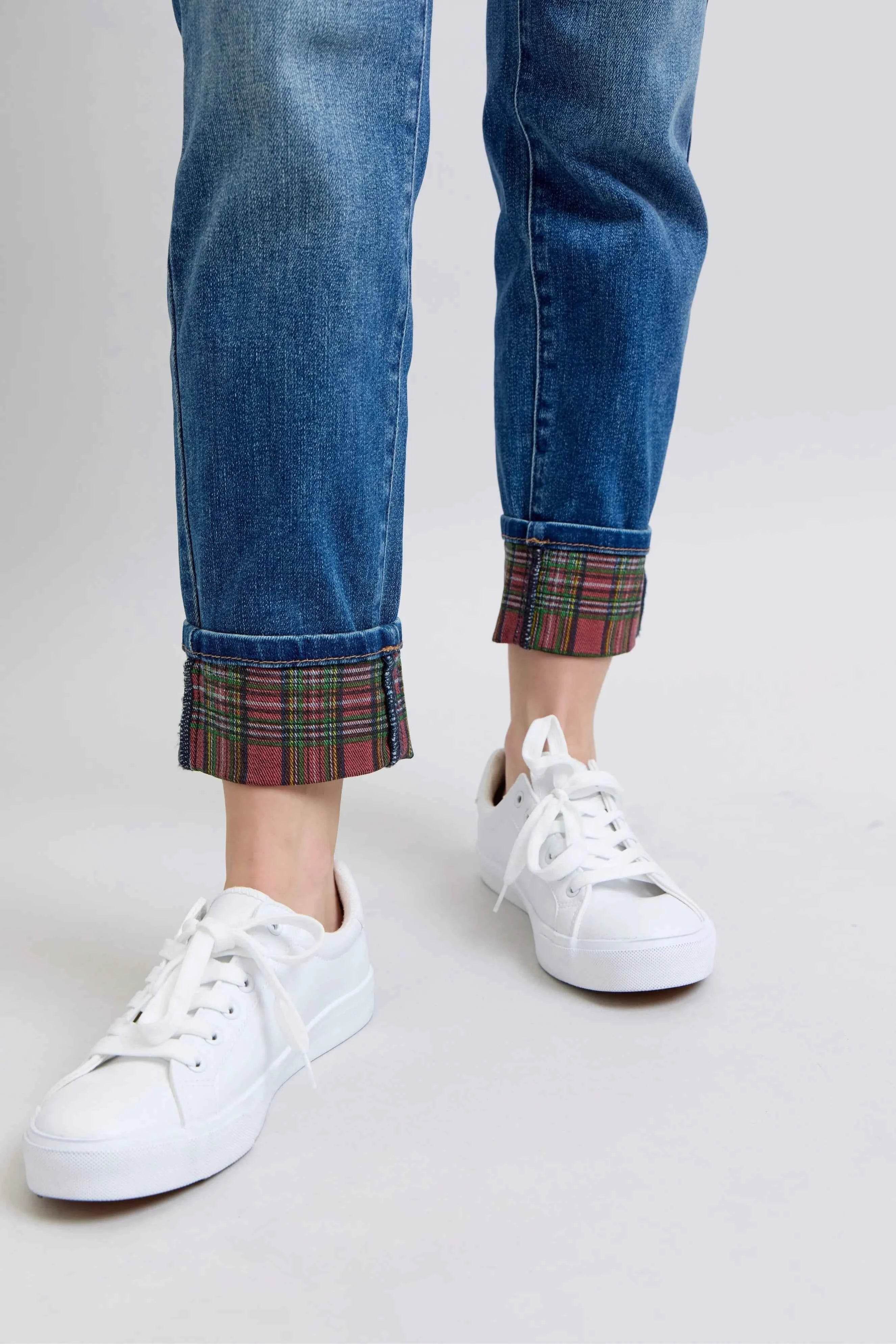 Judy Blue Plus Size Mr Plaid Print Cuff Boyfriend Jeans.