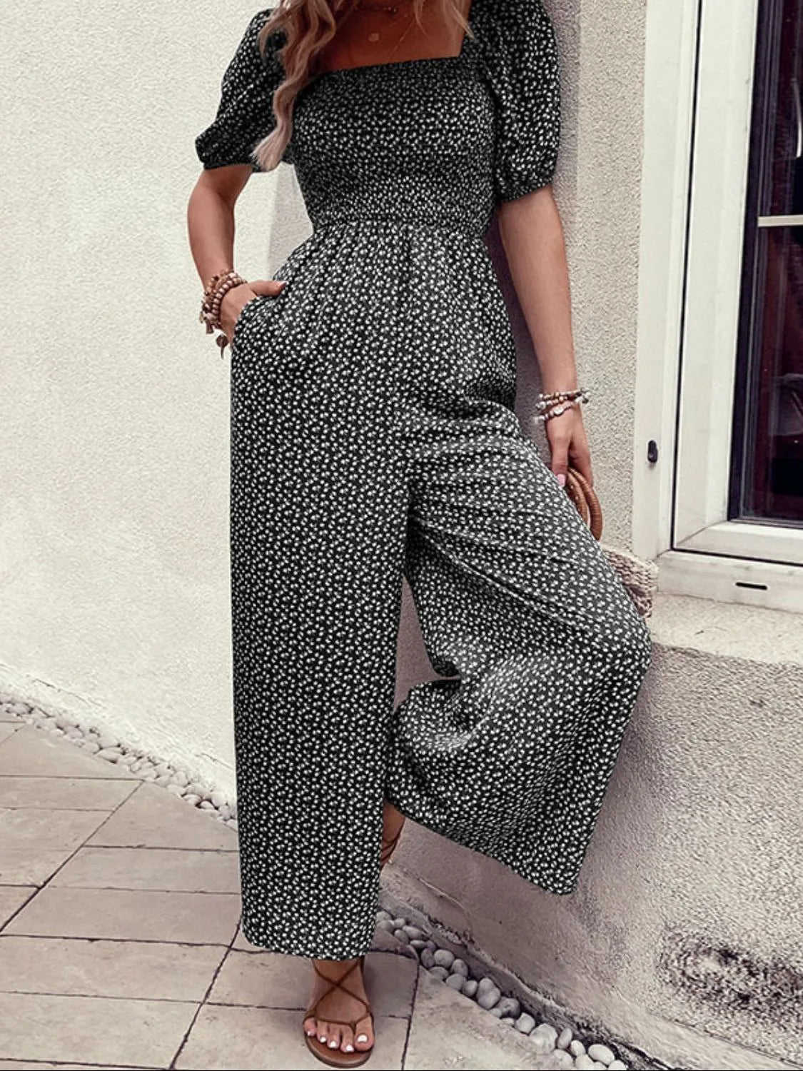 Printed Square Neck Puff Sleeve Jumpsuit.