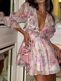 Floral Print Ruffled Mini Dress with Deep V-Neck.