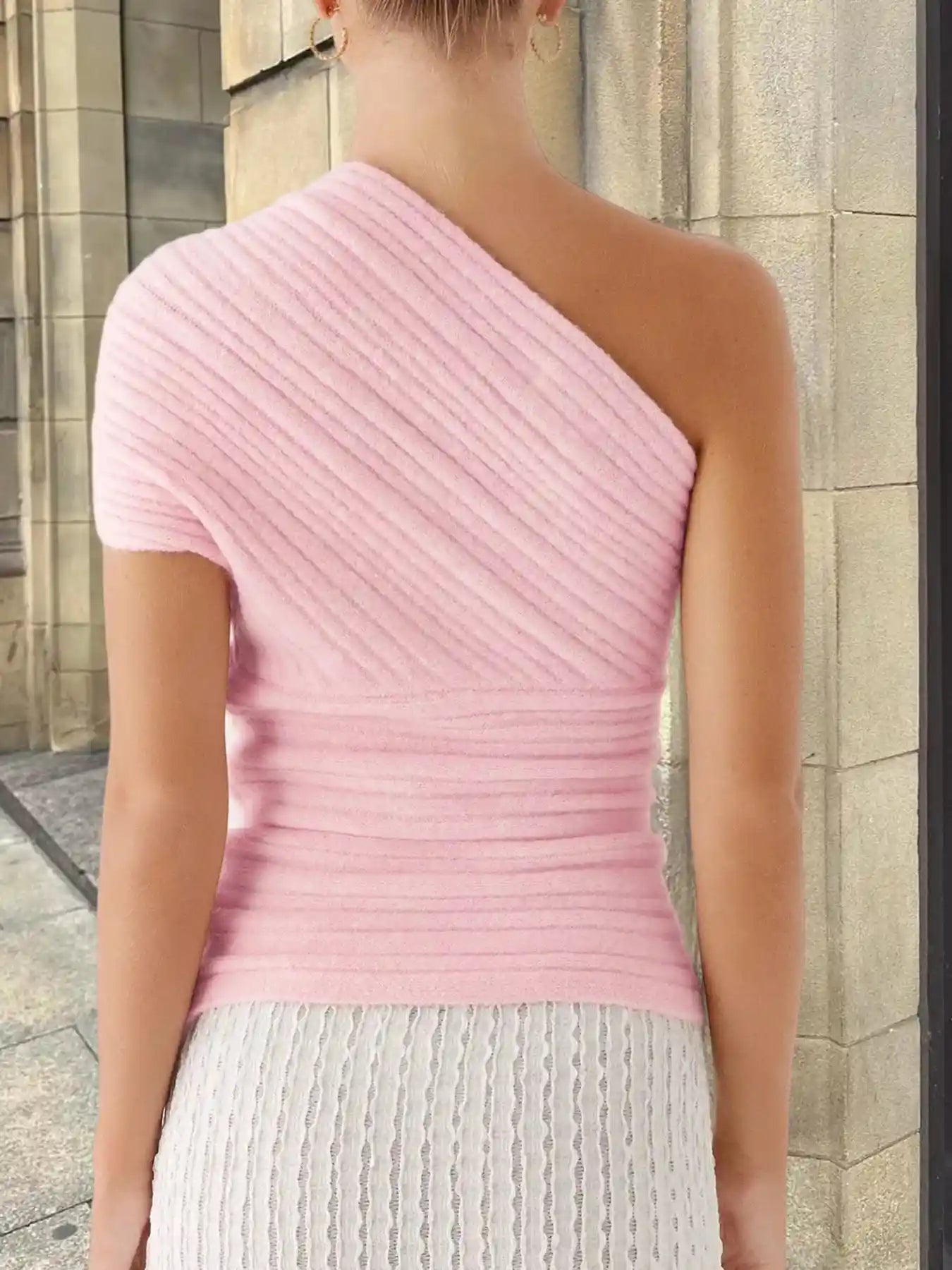 One Shoulder Ribbed Knit Sweater.