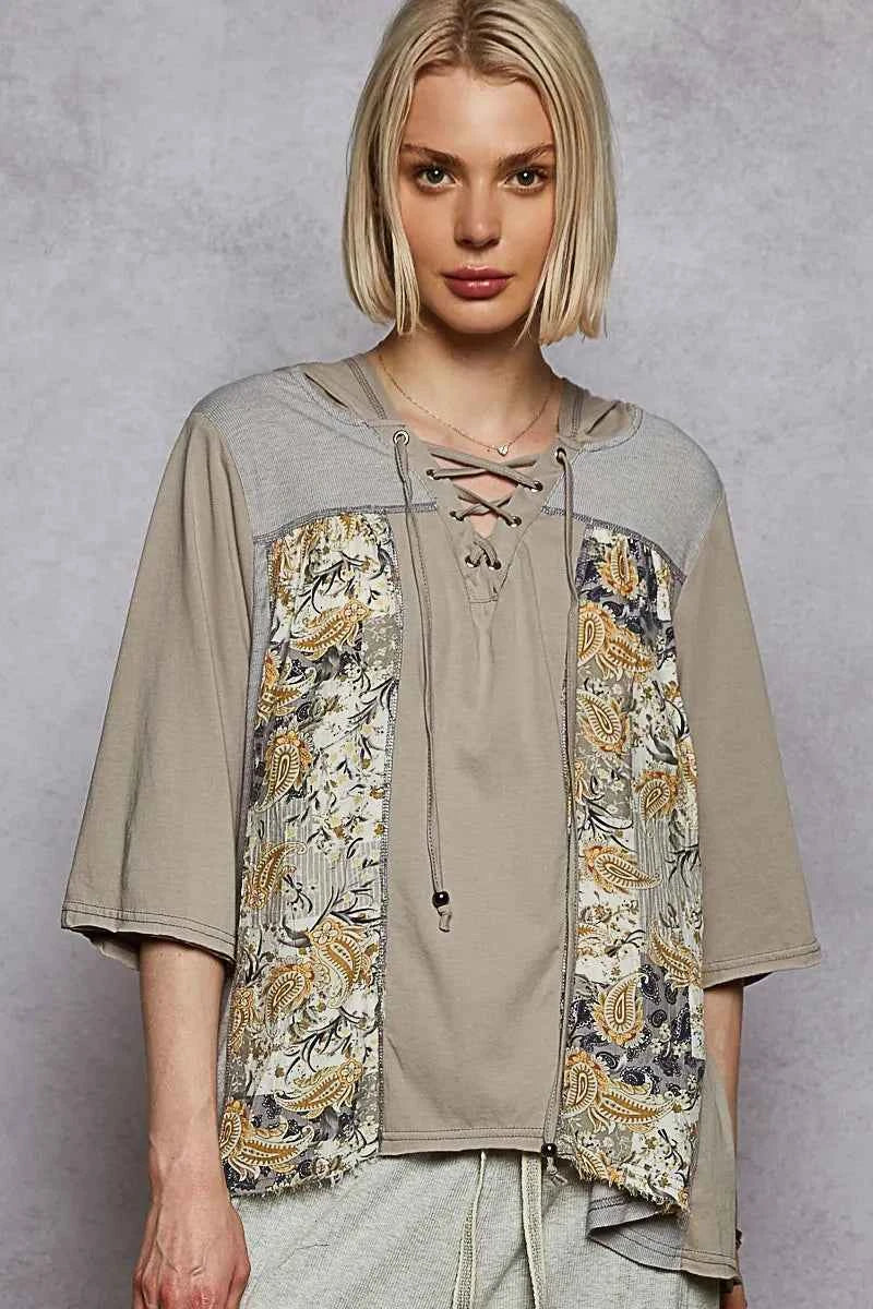 POL Lace-Up Hooded T-Shirt with Paisley Panel.