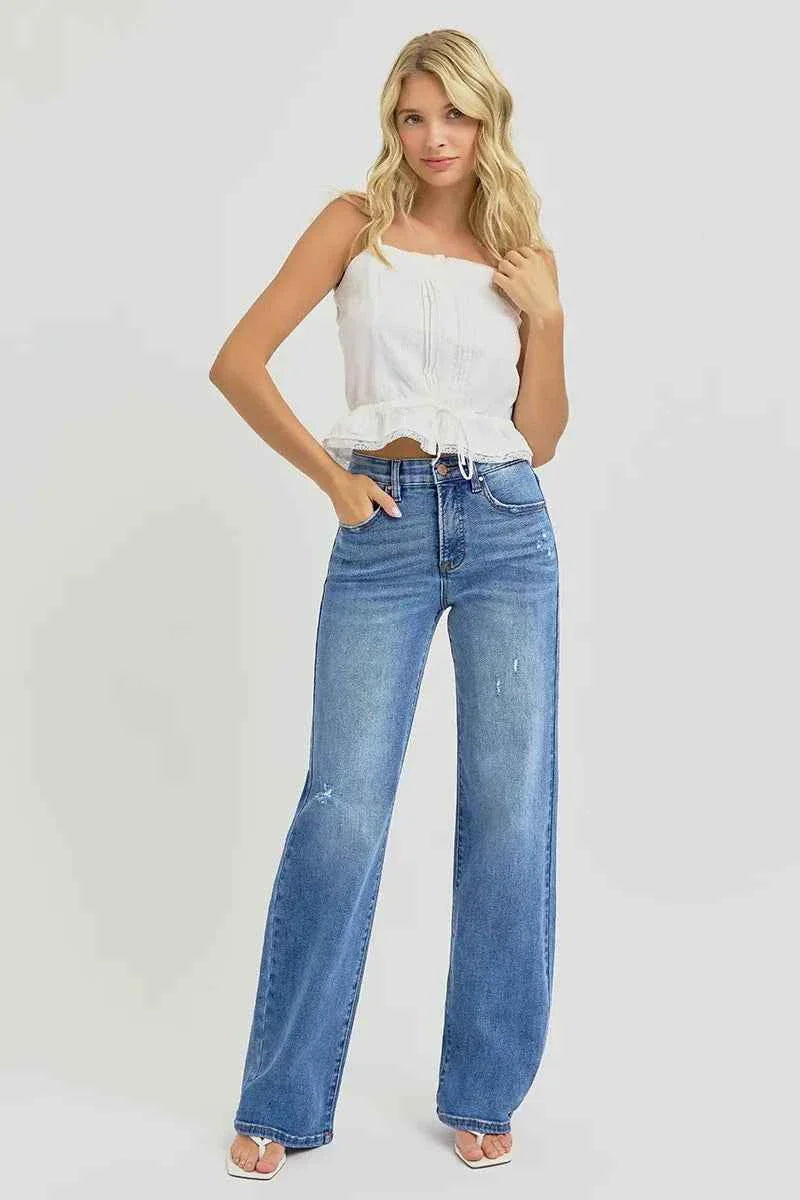 RISEN Plus Size High Rise Wide Leg Jeans with Tummy Control.