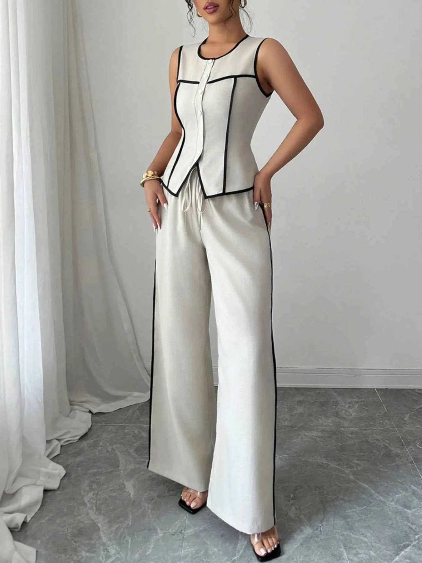 Contrast Piping Round Neck Top & Wide-Leg Pants Set - Stylish Contrast Piping Pants Set - EBYNN