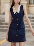 Contrast Collar Button-Front Sleeveless Mini Dress.