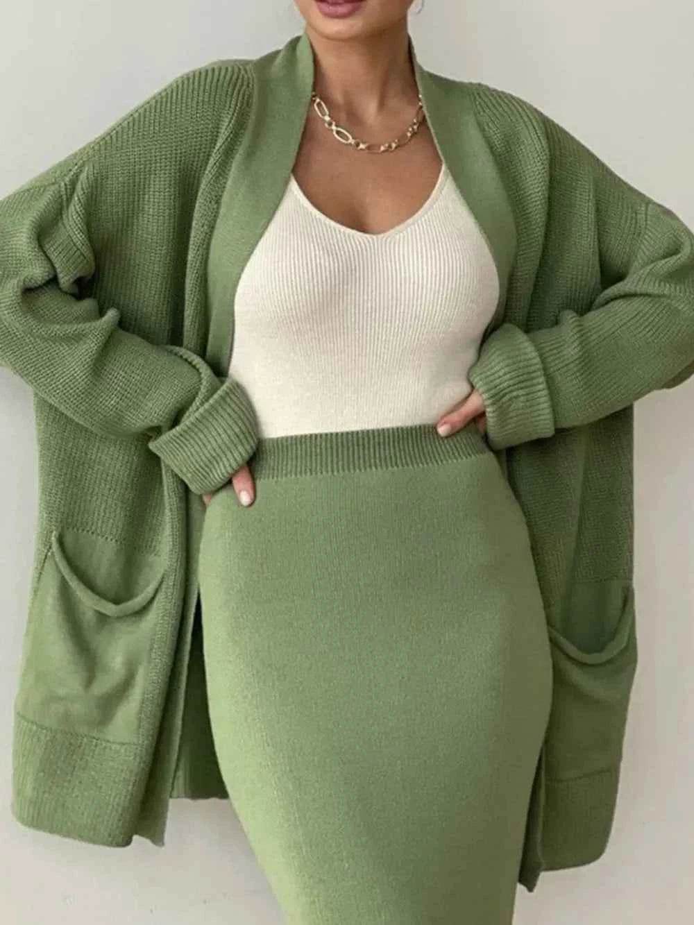 Pocketed Long Sleeve Cardigan and Skirt Sweater Set.