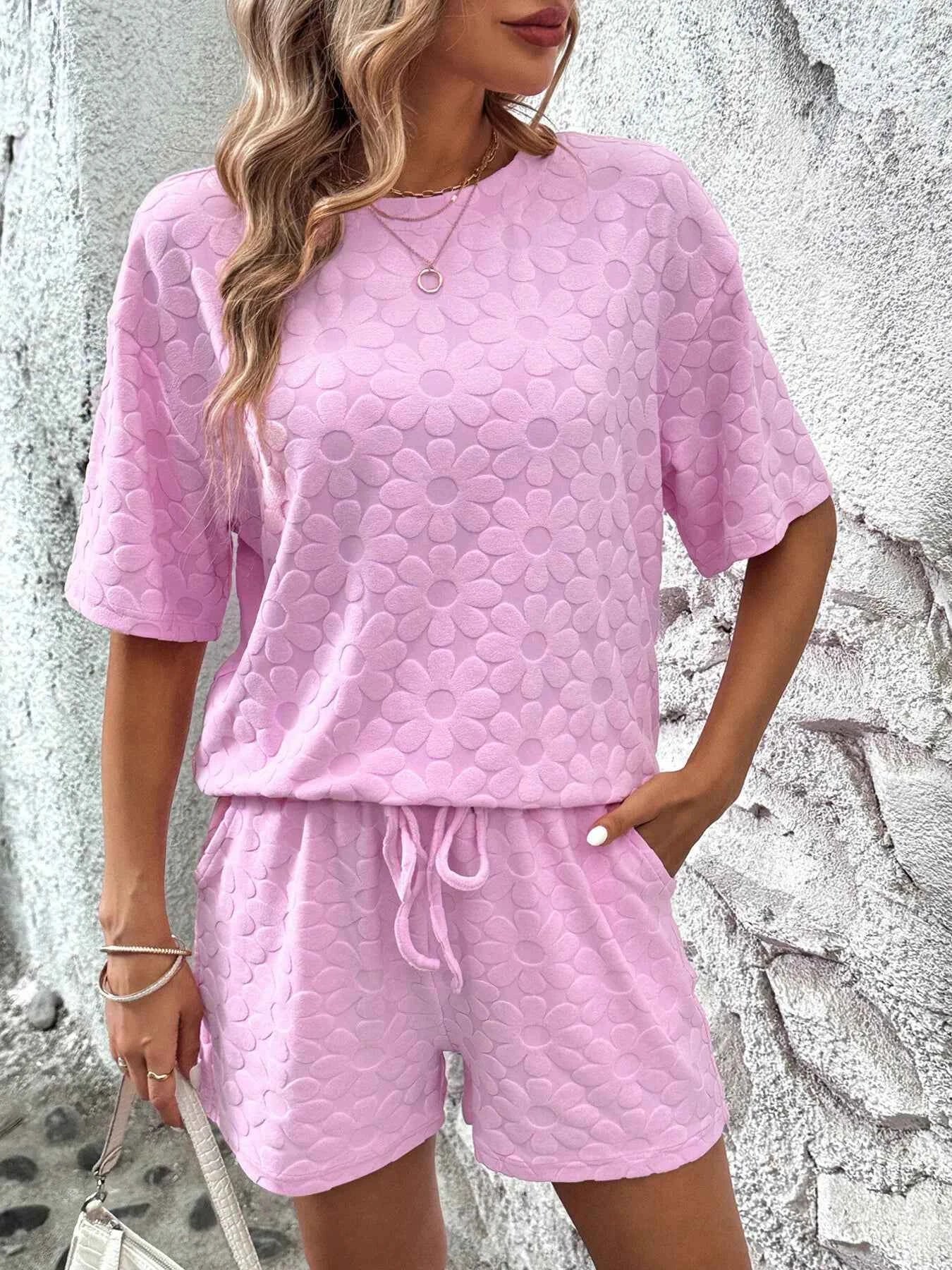 Flower Round Neck Top and Shorts Lounge Set.