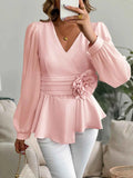 Flower Surplice Long Sleeve Blouse.